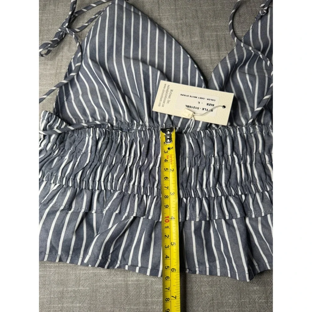 Sim & Sam Grey White Striped Smocked Peplum Halter Top NWT Size L 51216BL